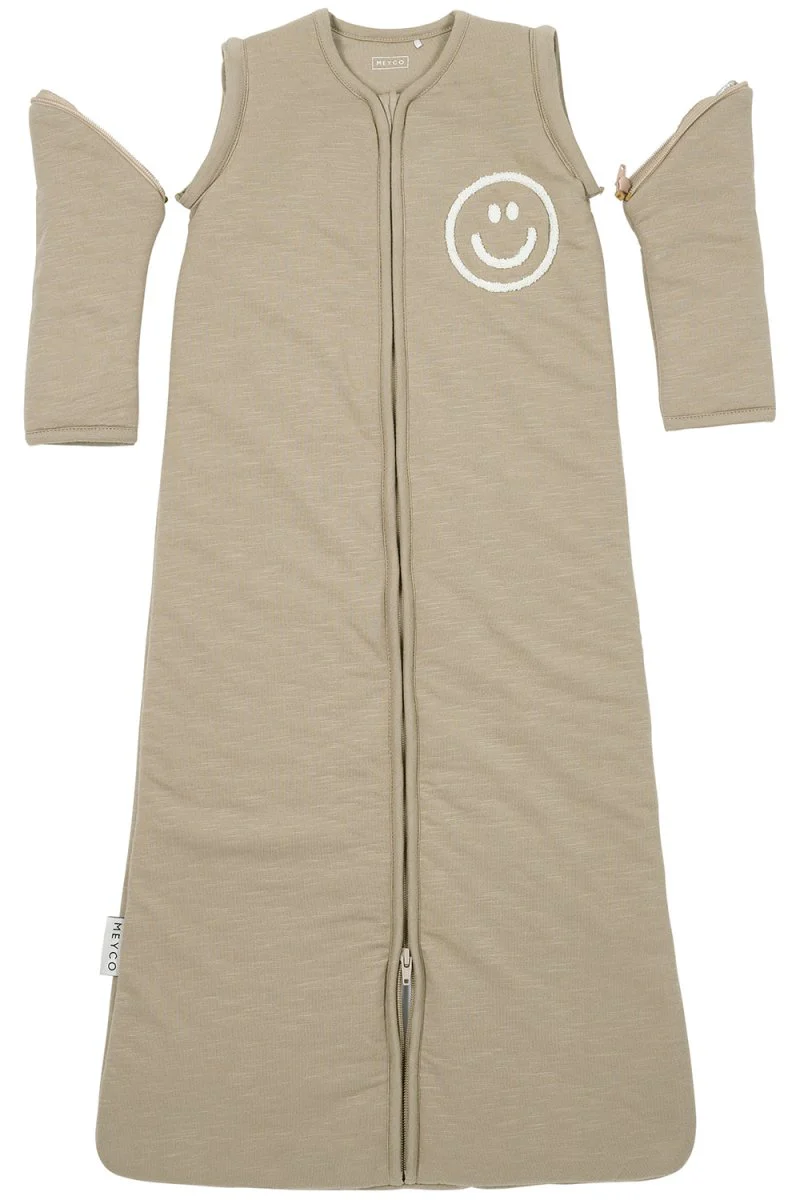 Meyco Baby Slub Met Smile Applicatie Baby Slaapzak Met Afritsbare Mouwen Taupe/Offwhite - Image 3